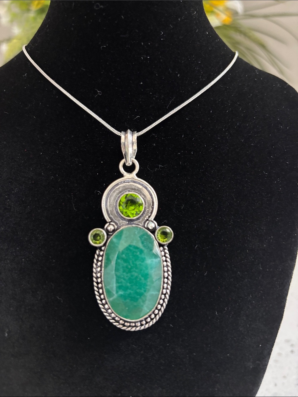 Sterling Silver Simulated Emerald & Peridot Gemstone Pendant Necklace